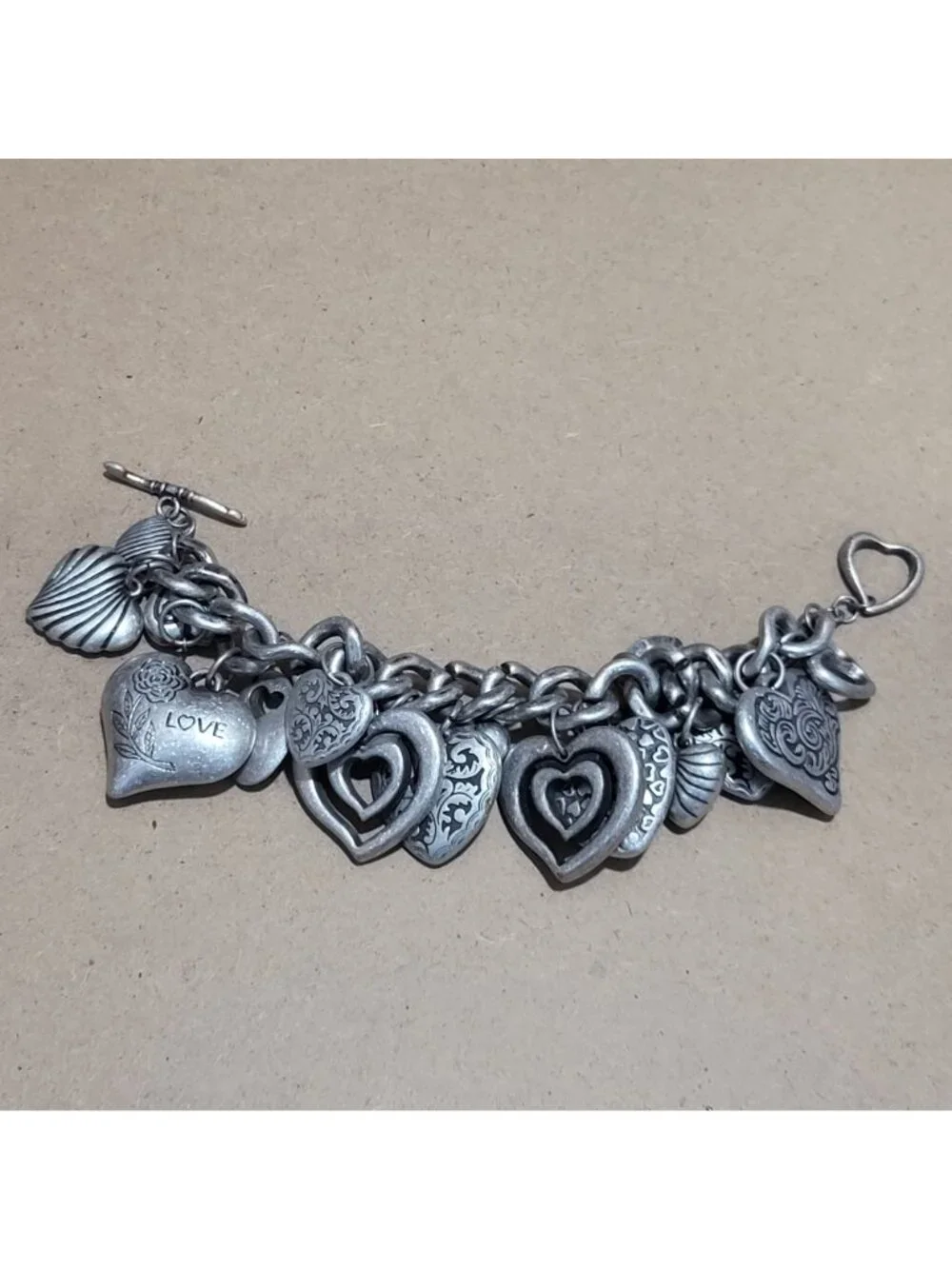 Chunky Silver Tone Charm Bracelet Multiple Puffed Heart Charms Varied Decorative